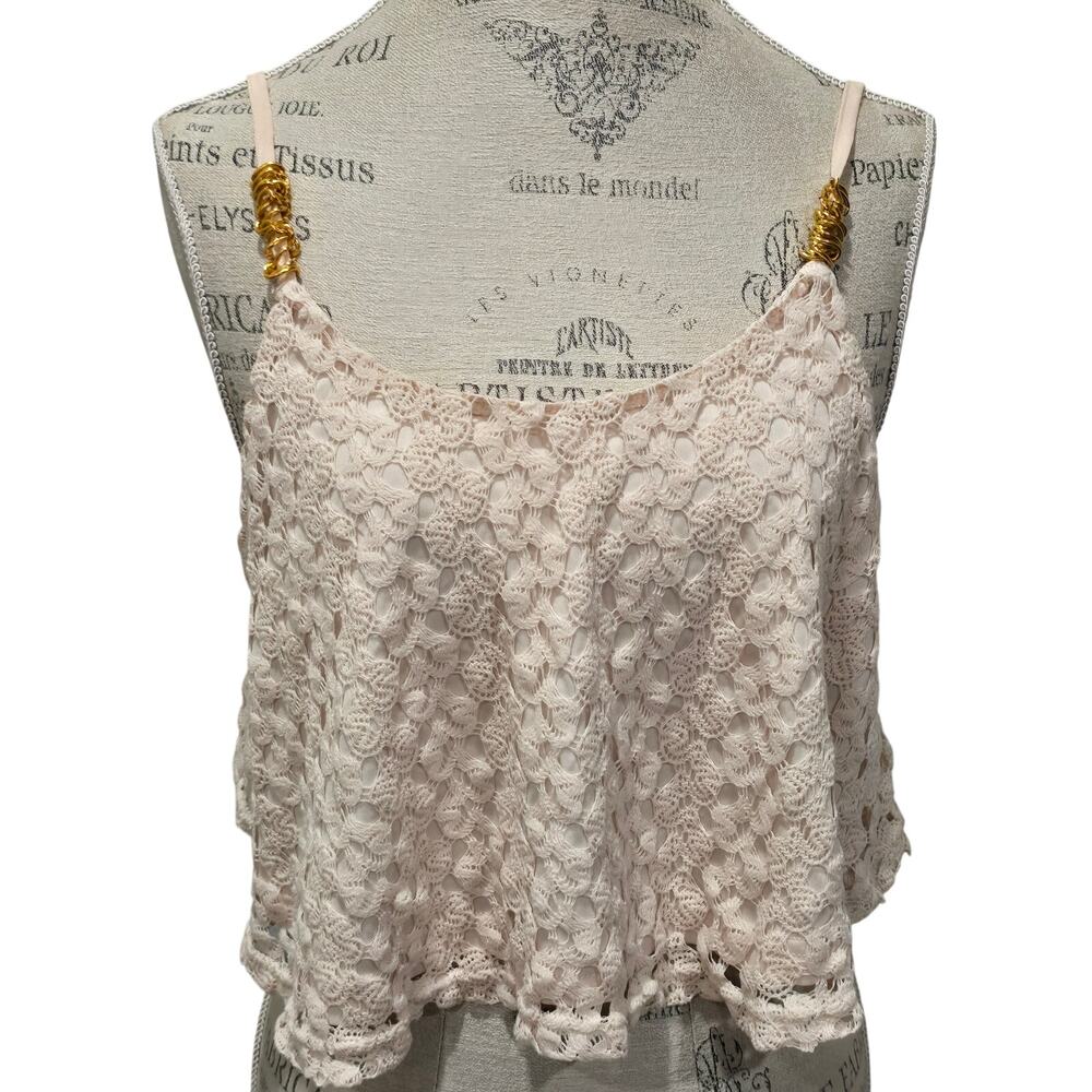 San Joy Cream Crochet Lace Camisole with Gold Chain Straps Crop Top